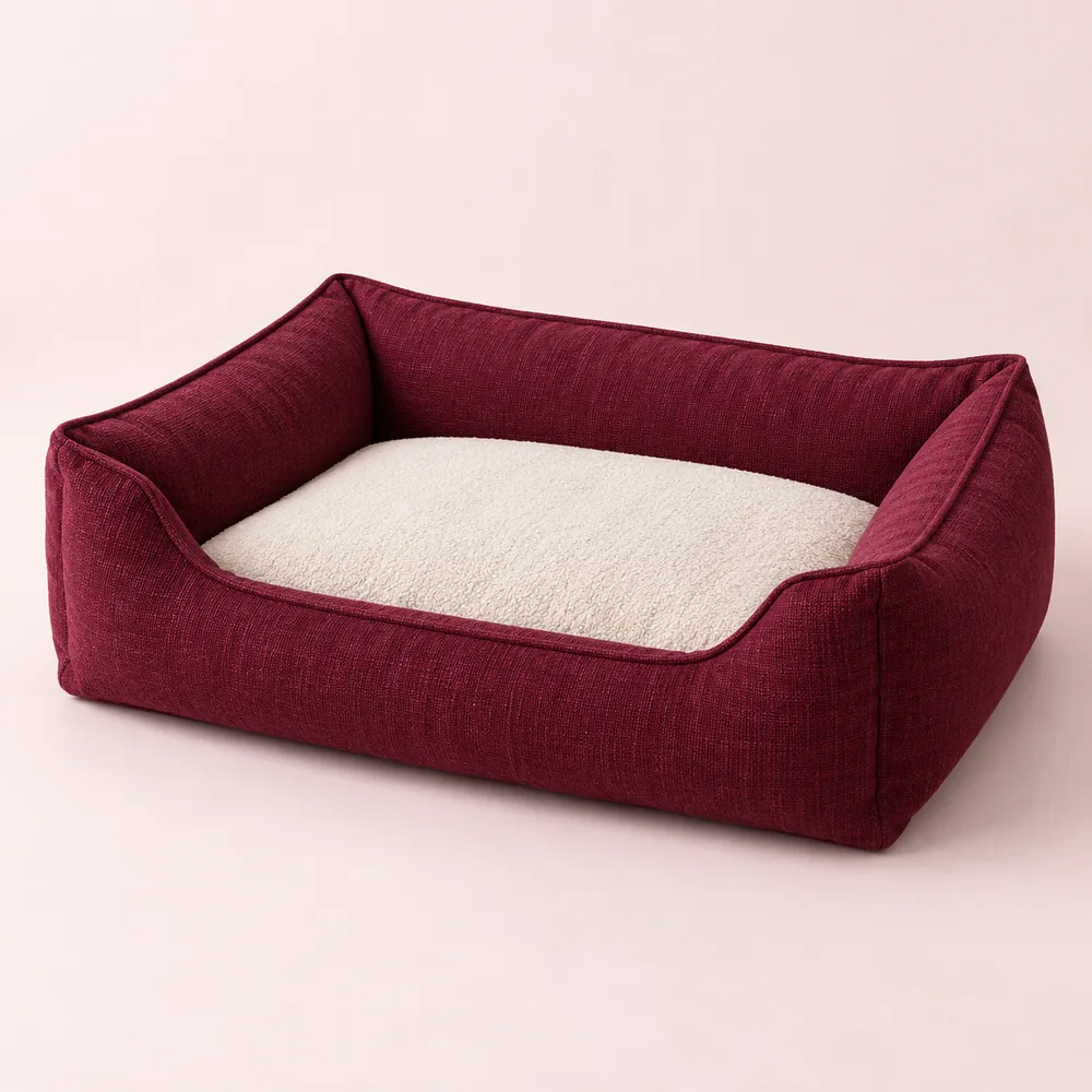 Cama rectangular bordó con base de corderito